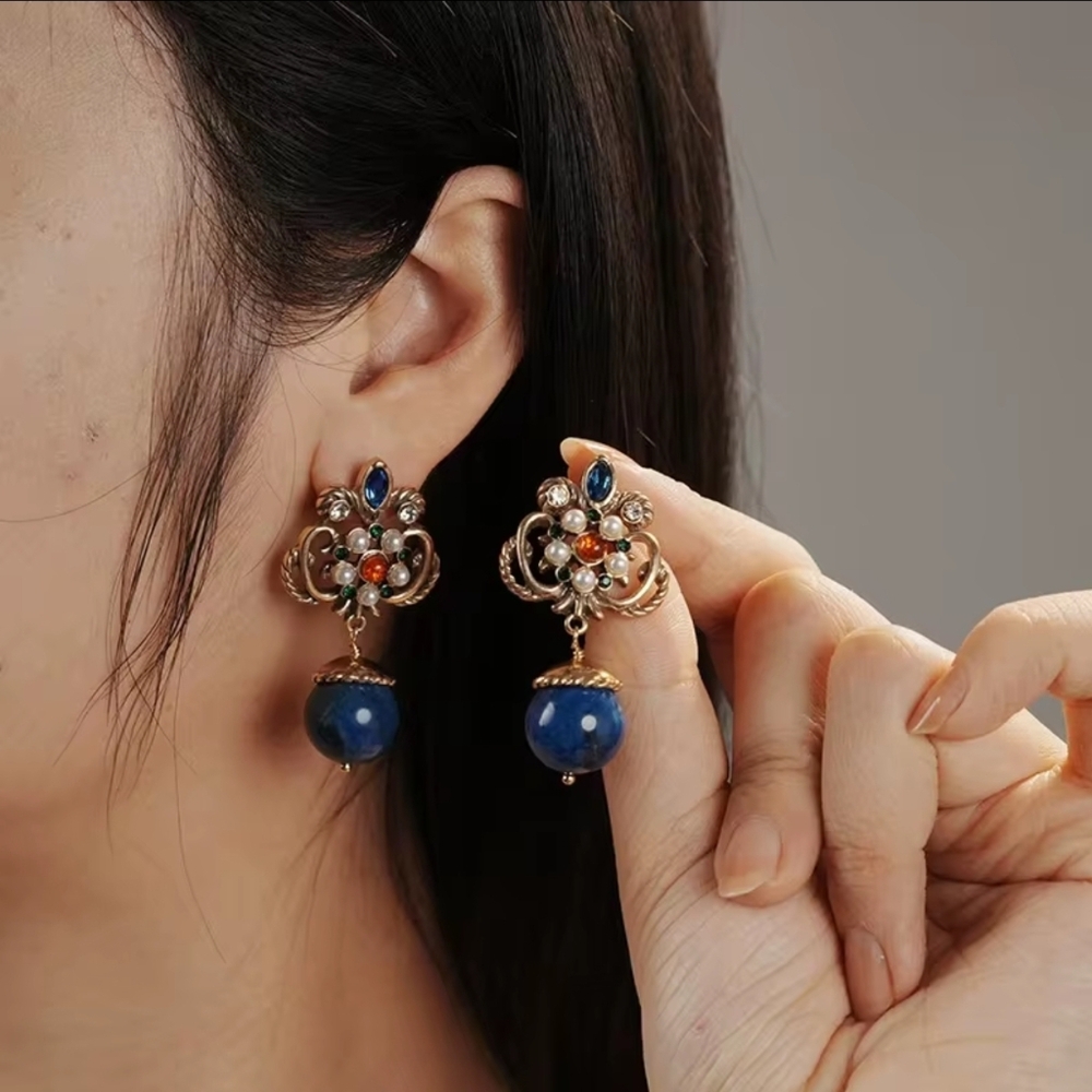 Vintage Blue and Gold Drop Earrings - Picture 3 of 8